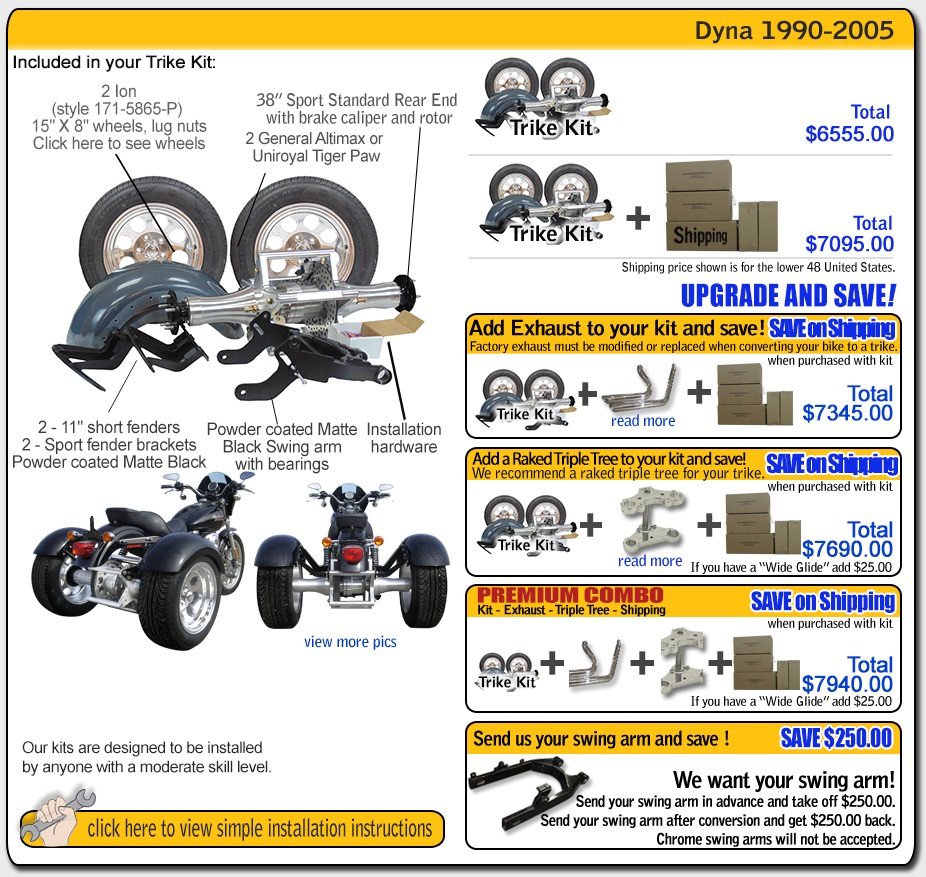Frankenstein Trike kit for harley davidson Dyna contents and pricing 